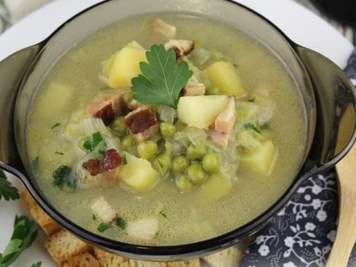 Soup with Smoked Brisket, Napa Cabbage, and Green Peas